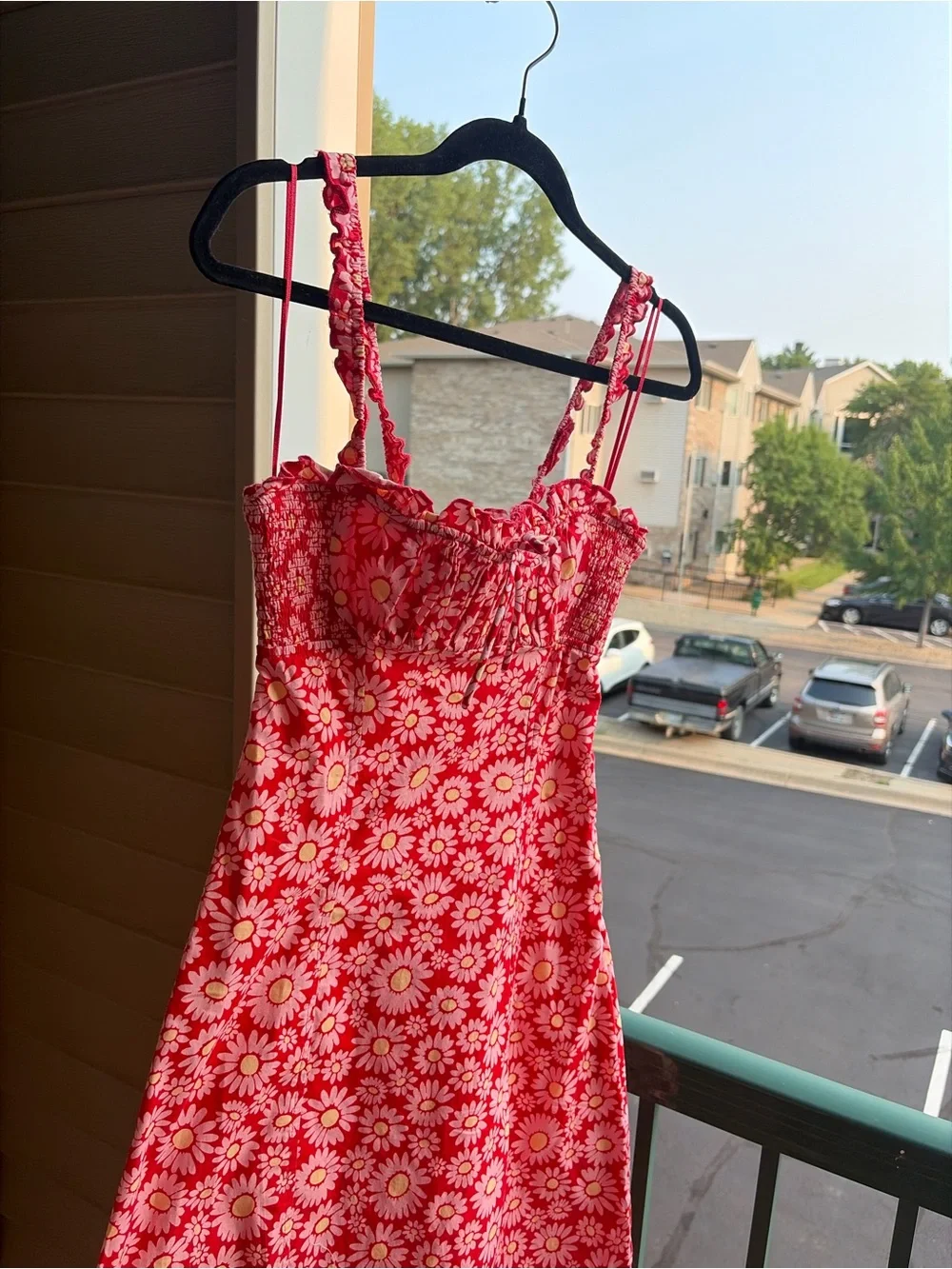 🆕🌺 Free People Tomato Daisy Floral Lace-Up Smocked Midi Dress Red S Casual Chic